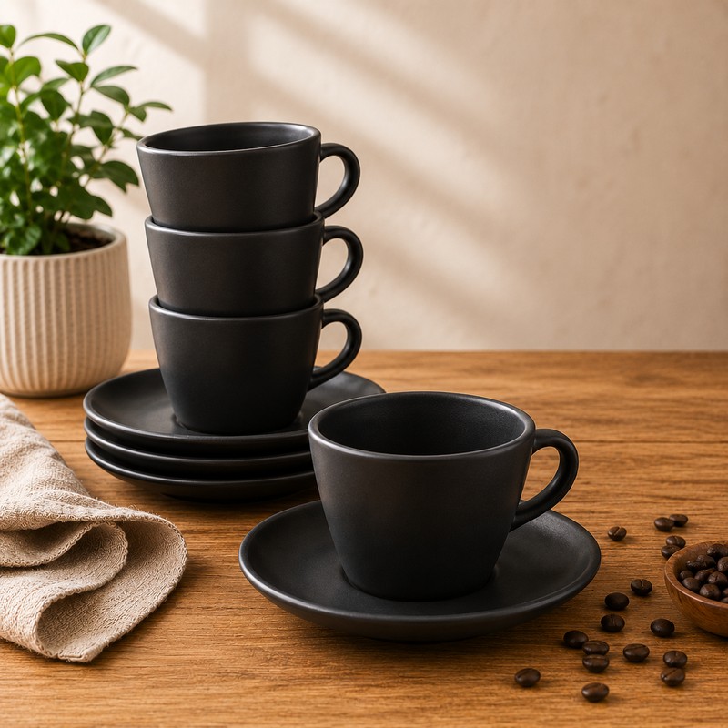 set x4 tazas y plato de cafe negra