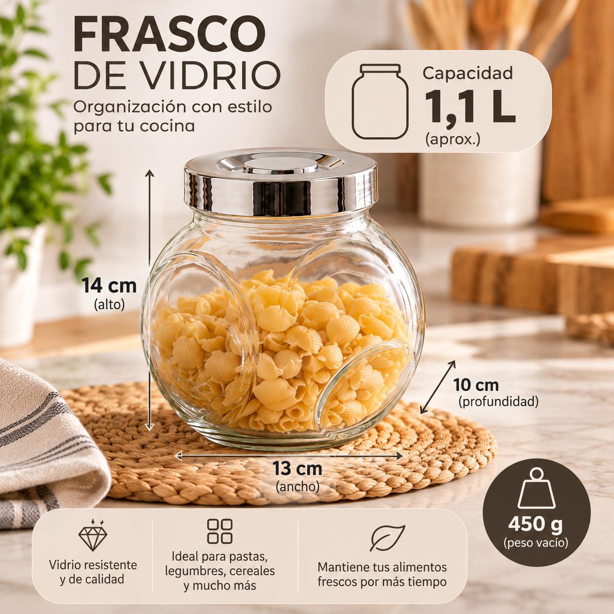 Frasco de Vidrio Inclinado con Tapa de Acero Organizador de Alimentos
