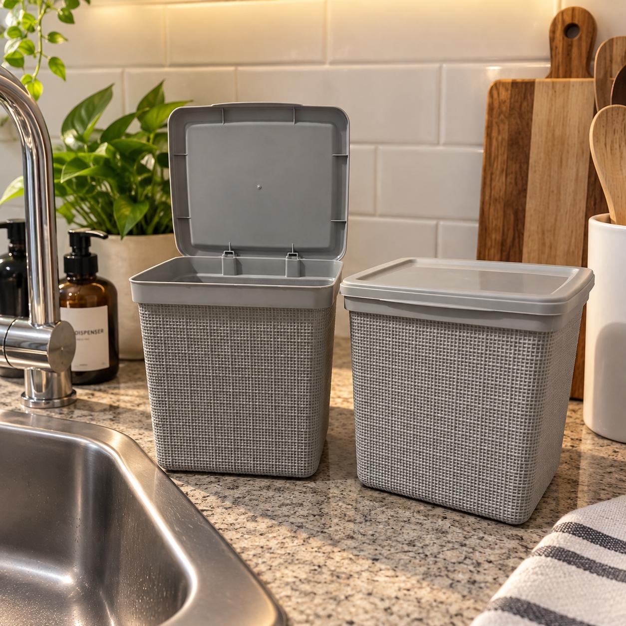 Cesto de Residuos para Mesada con Tapa Símil Ratán Gris