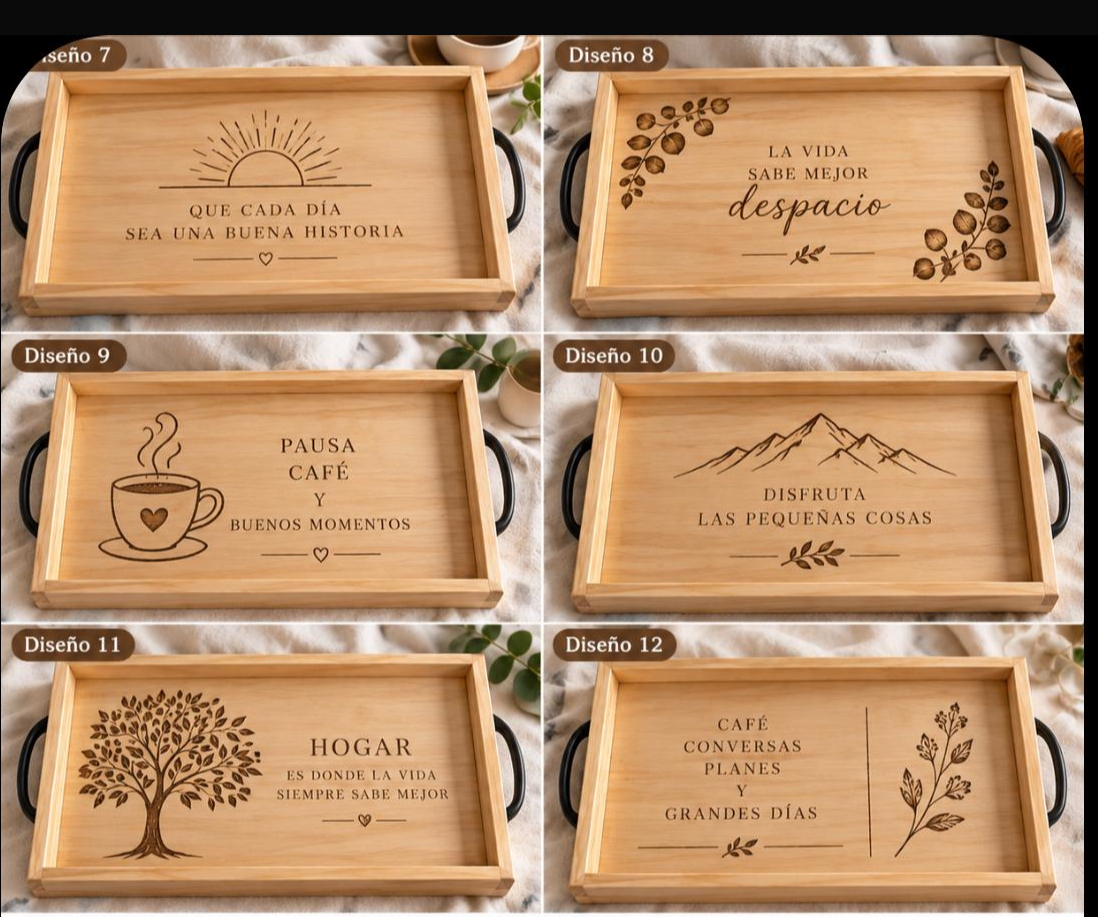 Bandeja Desayunador de Madera Grabada con Frase Personalizado