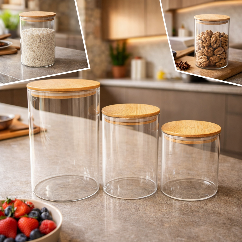 Juego de frascos de vidrio con tapa de bambú – 3 piezas